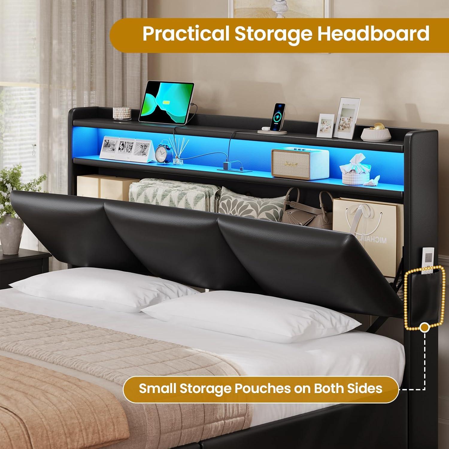 imageVIAGDO Full Size Bed Frame with Storage Headboard and Charging Station Leather Upholstered Bed Frame Full Size with 4 Drawers and LED Lights Type C and USB No Box Spring Needed BlackBlack