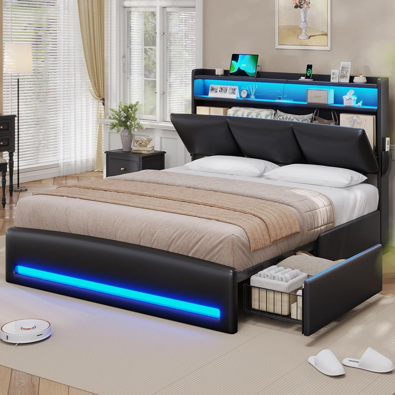 imageVIAGDO Full Size Bed Frame with Storage Headboard and Charging Station Leather Upholstered Bed Frame Full Size with 4 Drawers and LED Lights Type C and USB No Box Spring Needed BlackBlack