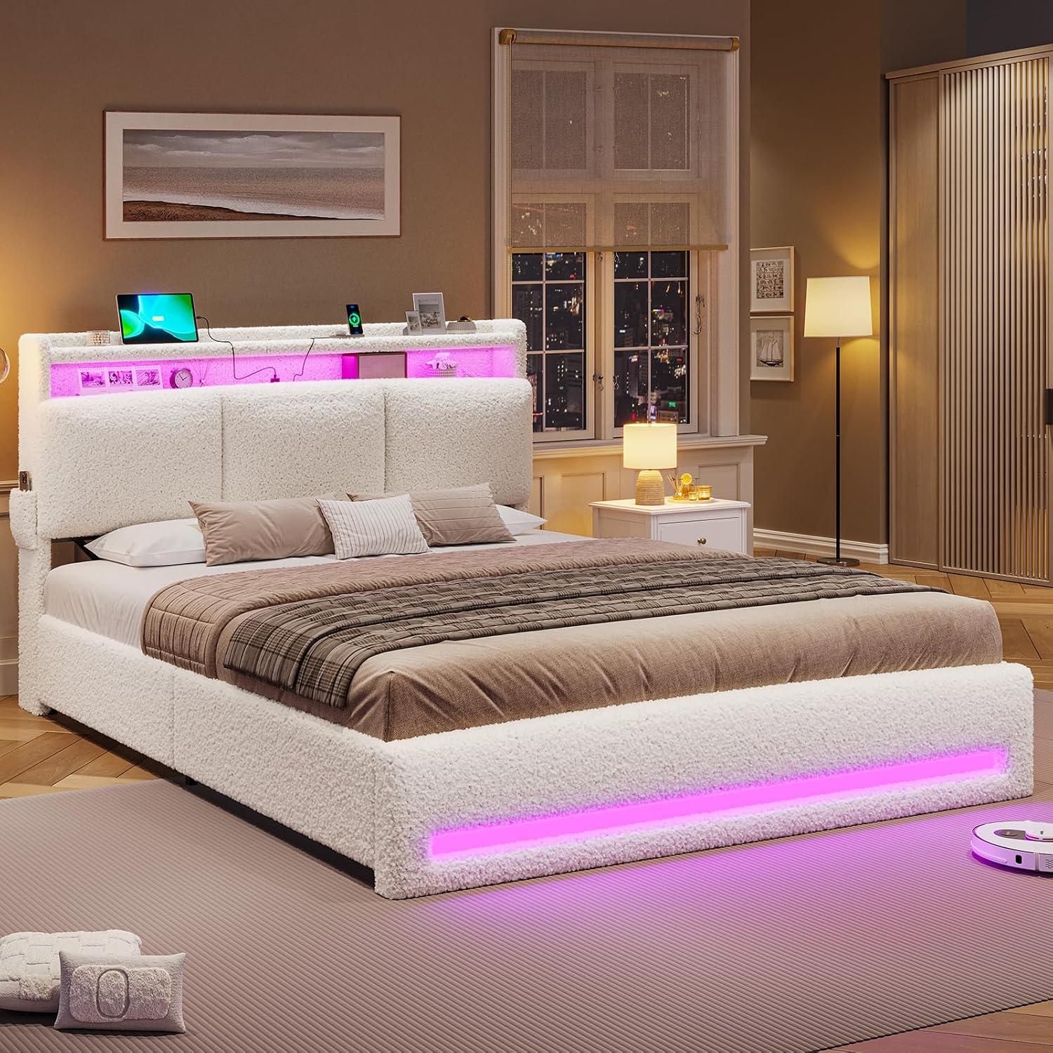 imageVIAGDO Full Size Bed Frame with Storage Headboard and Charging Station Leather Upholstered Bed Frame Full Size with 4 Drawers and LED Lights Type C and USB No Box Spring Needed BlackCream