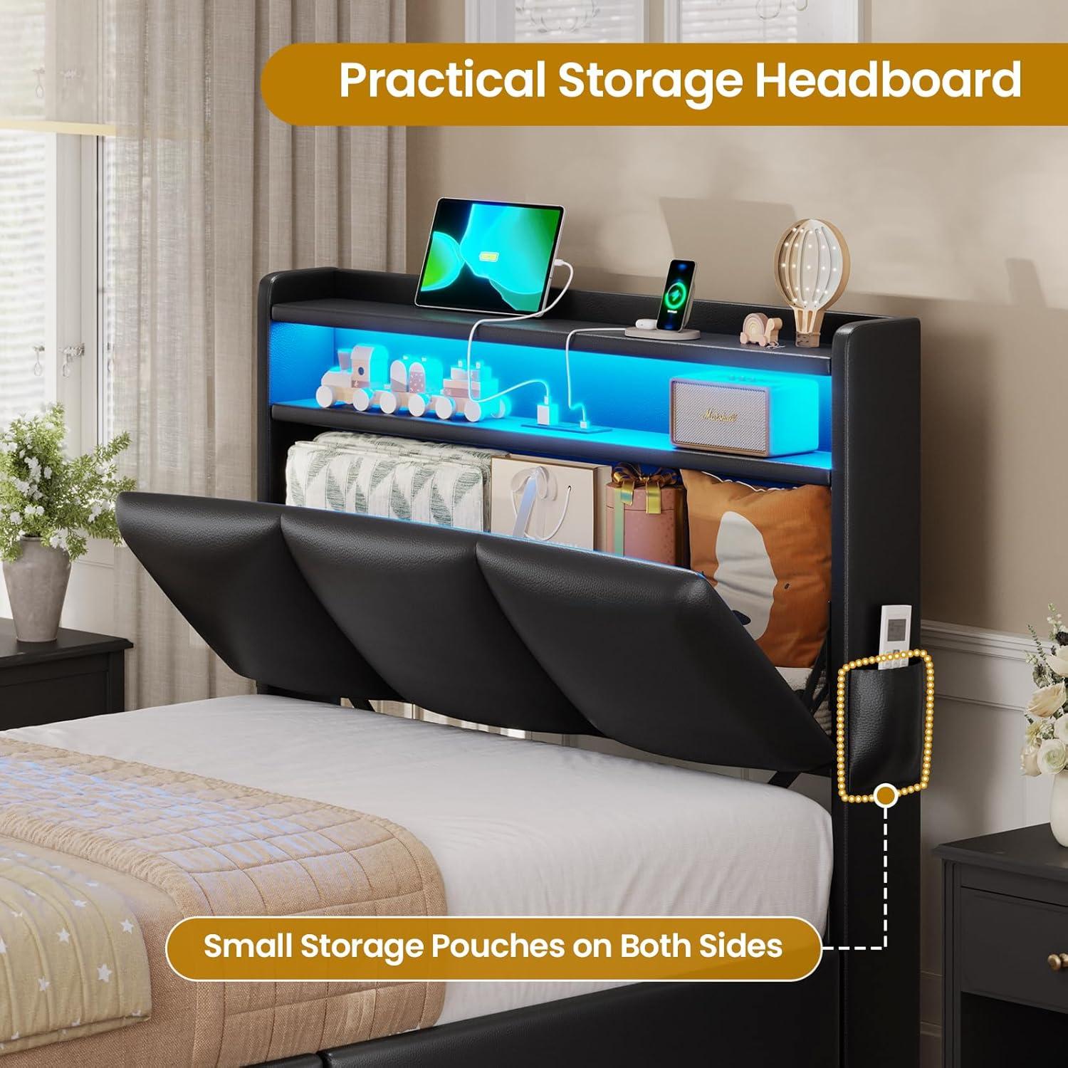 imageVIAGDO Full Size Bed Frame with Storage Headboard and Charging Station Leather Upholstered Bed Frame Full Size with 4 Drawers and LED Lights Type C and USB No Box Spring Needed BlackBlack