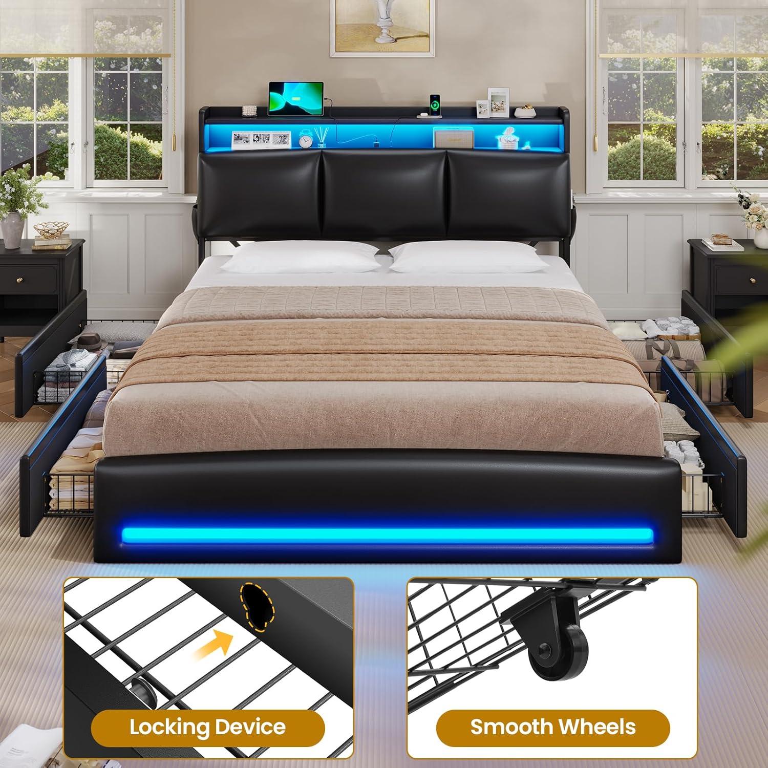 imageVIAGDO Full Size Bed Frame with Storage Headboard and Charging Station Leather Upholstered Bed Frame Full Size with 4 Drawers and LED Lights Type C and USB No Box Spring Needed BlackBlack