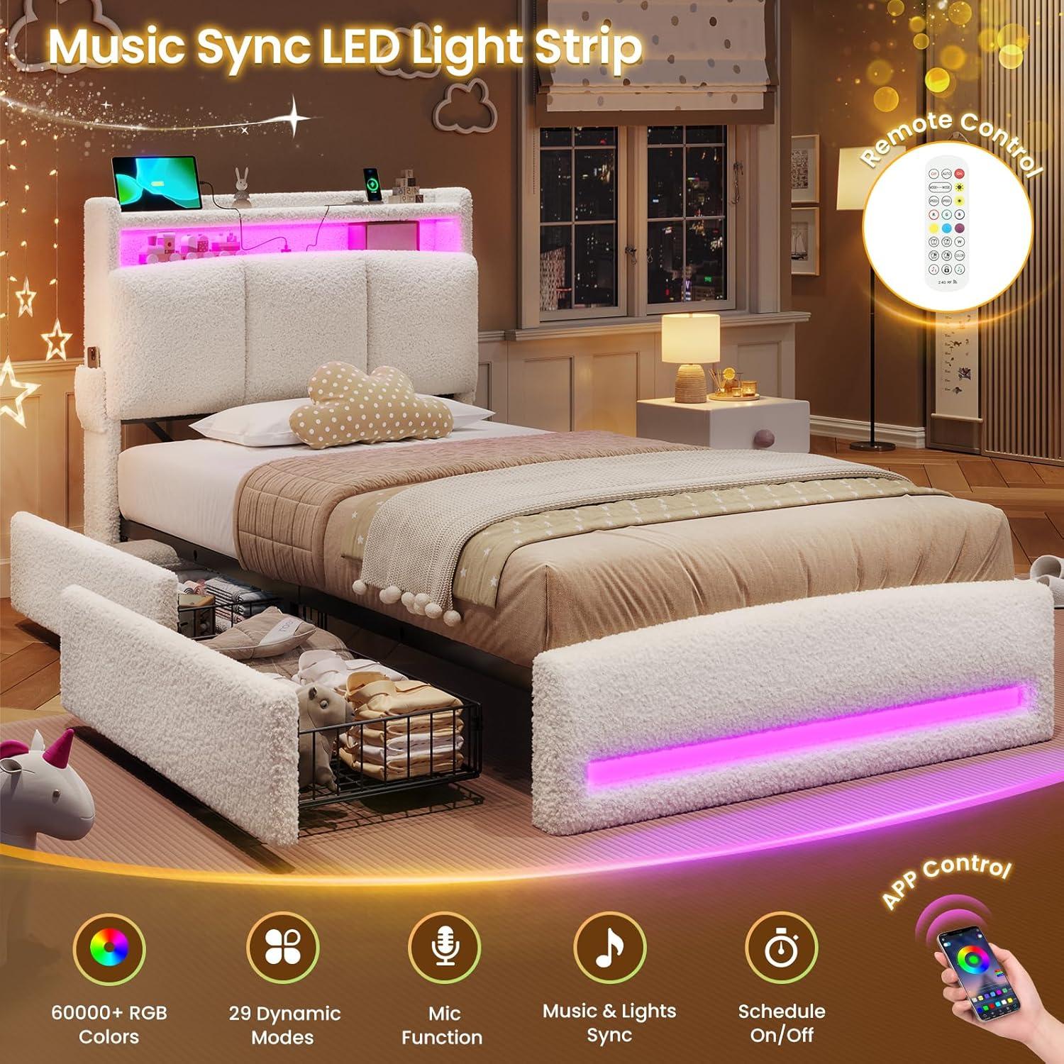 imageVIAGDO Full Size Bed Frame with Storage Headboard and Charging Station Leather Upholstered Bed Frame Full Size with 4 Drawers and LED Lights Type C and USB No Box Spring Needed BlackCream