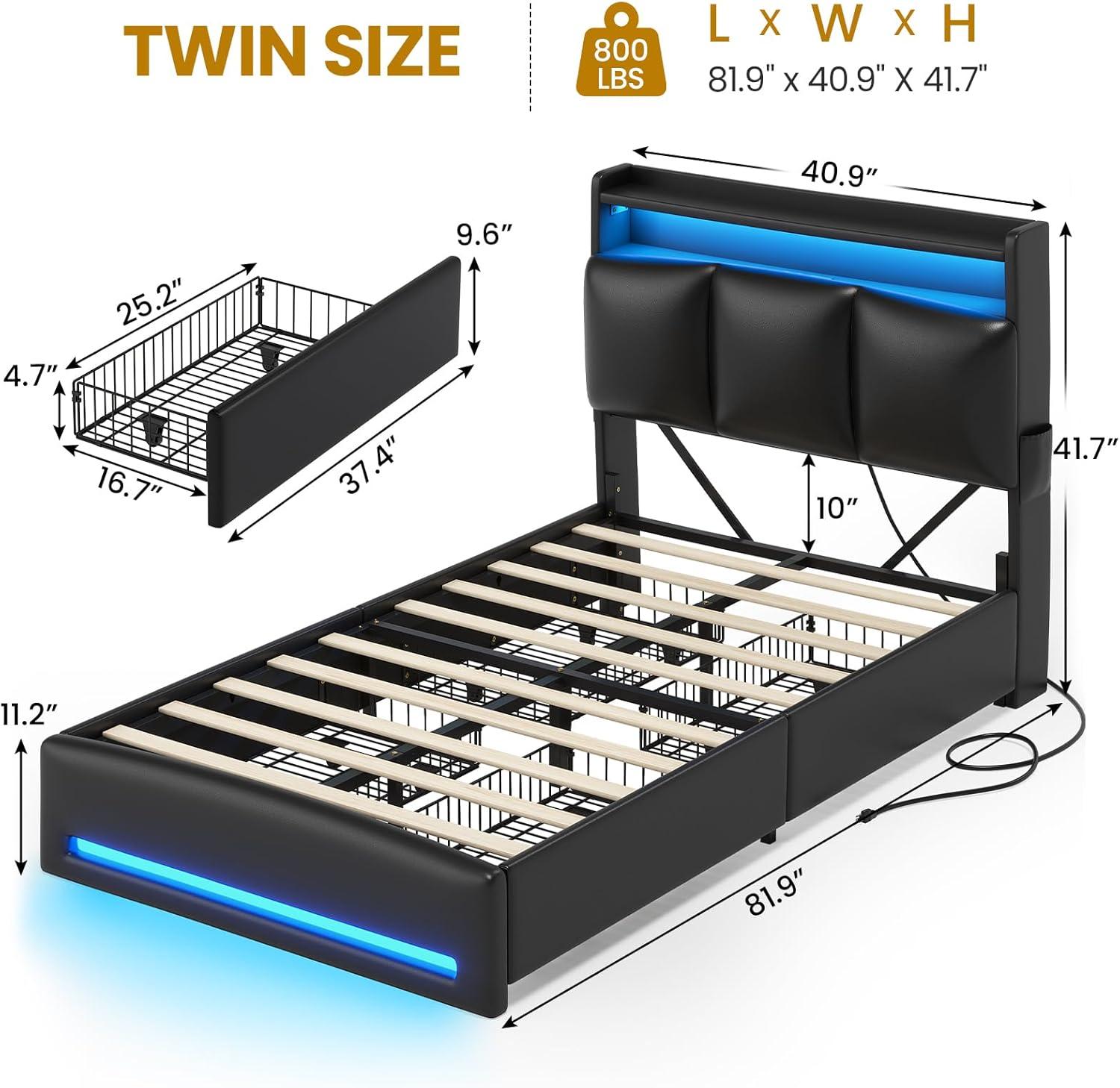 imageVIAGDO Full Size Bed Frame with Storage Headboard and Charging Station Leather Upholstered Bed Frame Full Size with 4 Drawers and LED Lights Type C and USB No Box Spring Needed BlackBlack