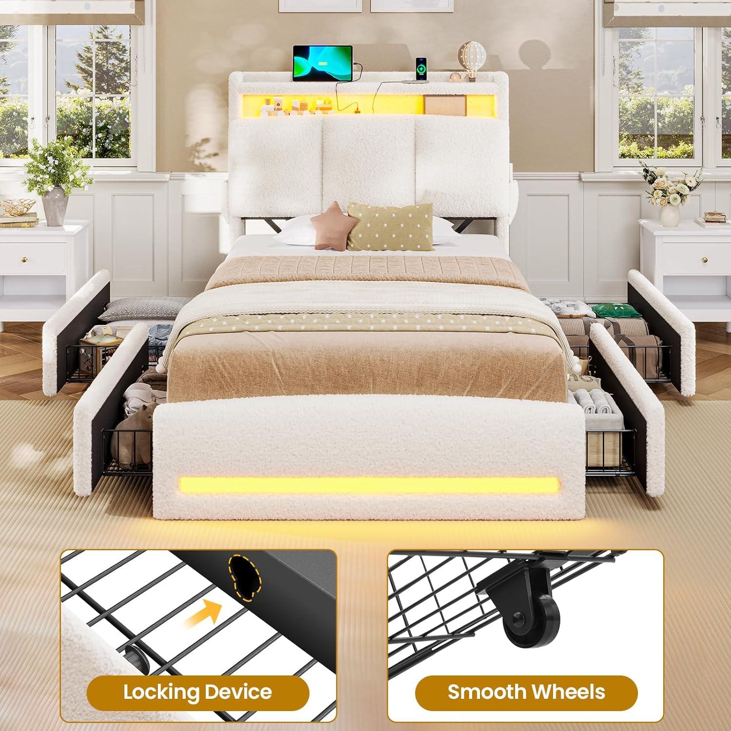 imageVIAGDO Full Size Bed Frame with Storage Headboard and Charging Station Leather Upholstered Bed Frame Full Size with 4 Drawers and LED Lights Type C and USB No Box Spring Needed BlackCream