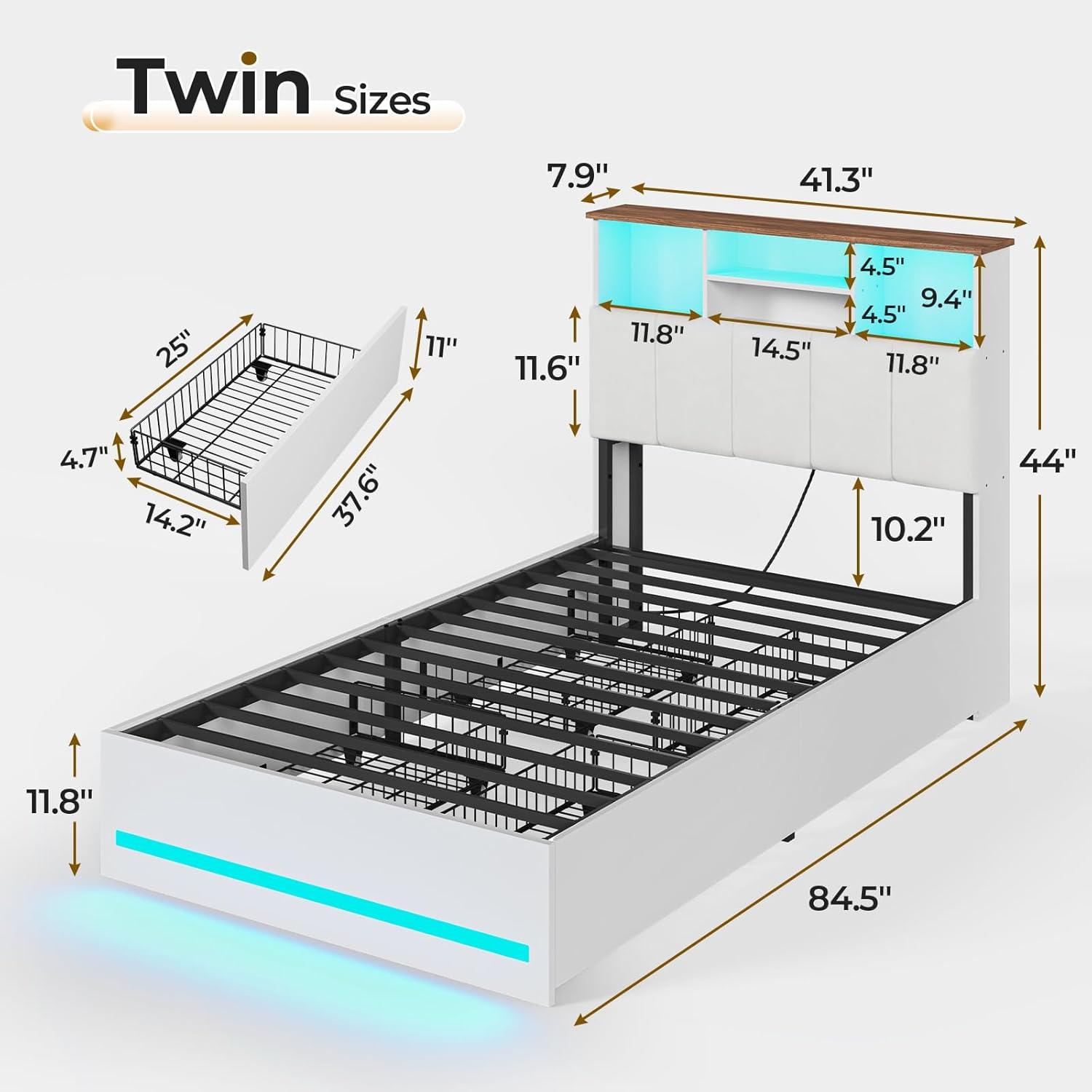 imageVIAGDO Queen Bed Frame with Bookcase Headboard Wooden Bed Frame Queen Size with Charging Station 4 Storage Drawers and LED Lights with TypeC and USB No Box Spring Needed WhiteWhite