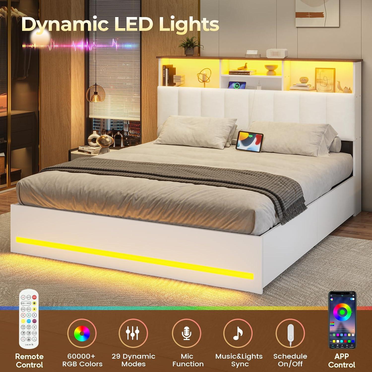 imageVIAGDO Queen Bed Frame with Bookcase Headboard Wooden Bed Frame Queen Size with Charging Station 4 Storage Drawers and LED Lights with TypeC and USB No Box Spring Needed WhiteWhite