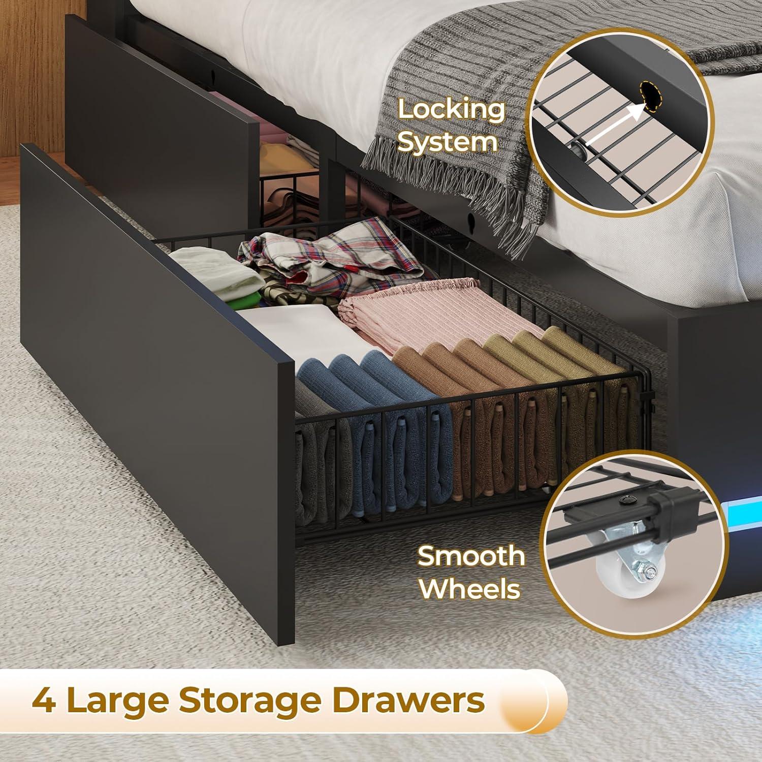 imageVIAGDO Queen Bed Frame with Bookcase Headboard Wooden Bed Frame Queen Size with Charging Station 4 Storage Drawers and LED Lights with TypeC and USB No Box Spring Needed WhiteBlack