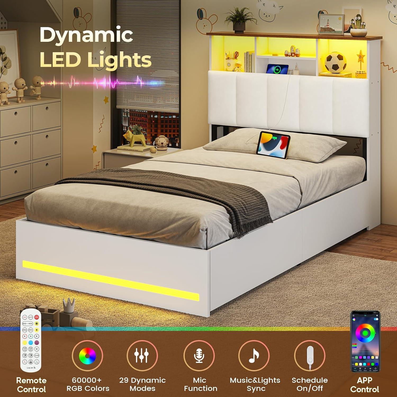 imageVIAGDO Queen Bed Frame with Bookcase Headboard Wooden Bed Frame Queen Size with Charging Station 4 Storage Drawers and LED Lights with TypeC and USB No Box Spring Needed WhiteWhite