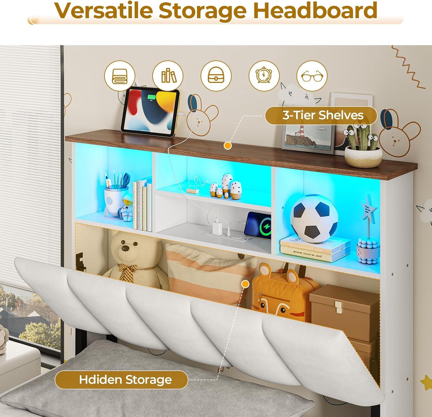 imageVIAGDO Queen Bed Frame with Bookcase Headboard Wooden Bed Frame Queen Size with Charging Station 4 Storage Drawers and LED Lights with TypeC and USB No Box Spring Needed WhiteWhite