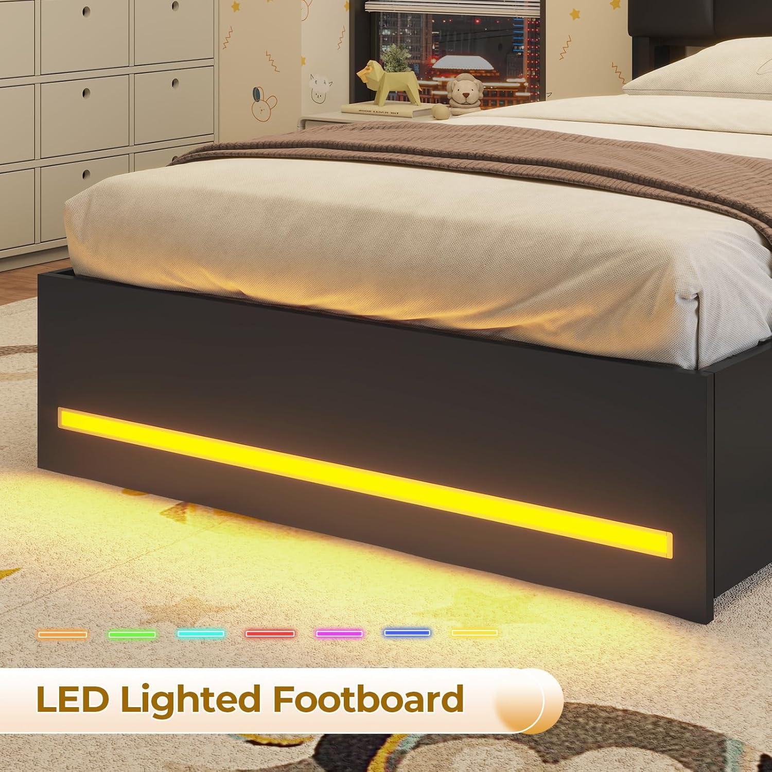 imageVIAGDO Queen Bed Frame with Bookcase Headboard Wooden Bed Frame Queen Size with Charging Station 4 Storage Drawers and LED Lights with TypeC and USB No Box Spring Needed WhiteBlack