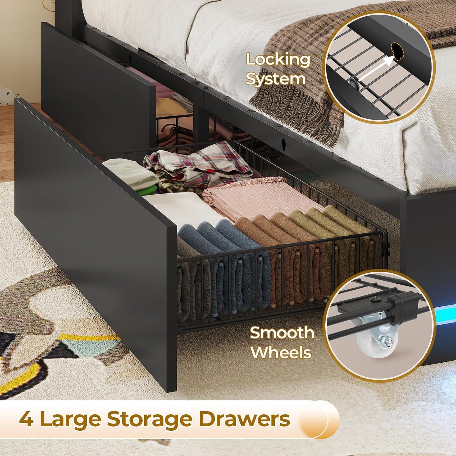 imageVIAGDO Queen Bed Frame with Bookcase Headboard Wooden Bed Frame Queen Size with Charging Station 4 Storage Drawers and LED Lights with TypeC and USB No Box Spring Needed WhiteBlack