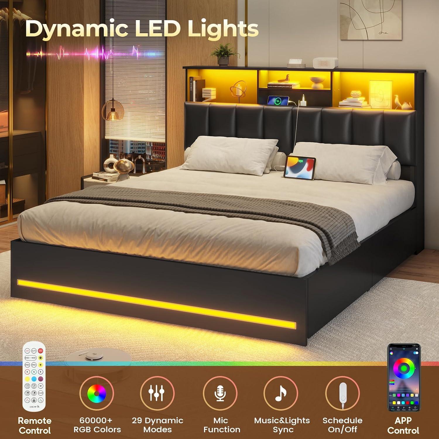 imageVIAGDO Queen Bed Frame with Bookcase Headboard Wooden Bed Frame Queen Size with Charging Station 4 Storage Drawers and LED Lights with TypeC and USB No Box Spring Needed WhiteBlack