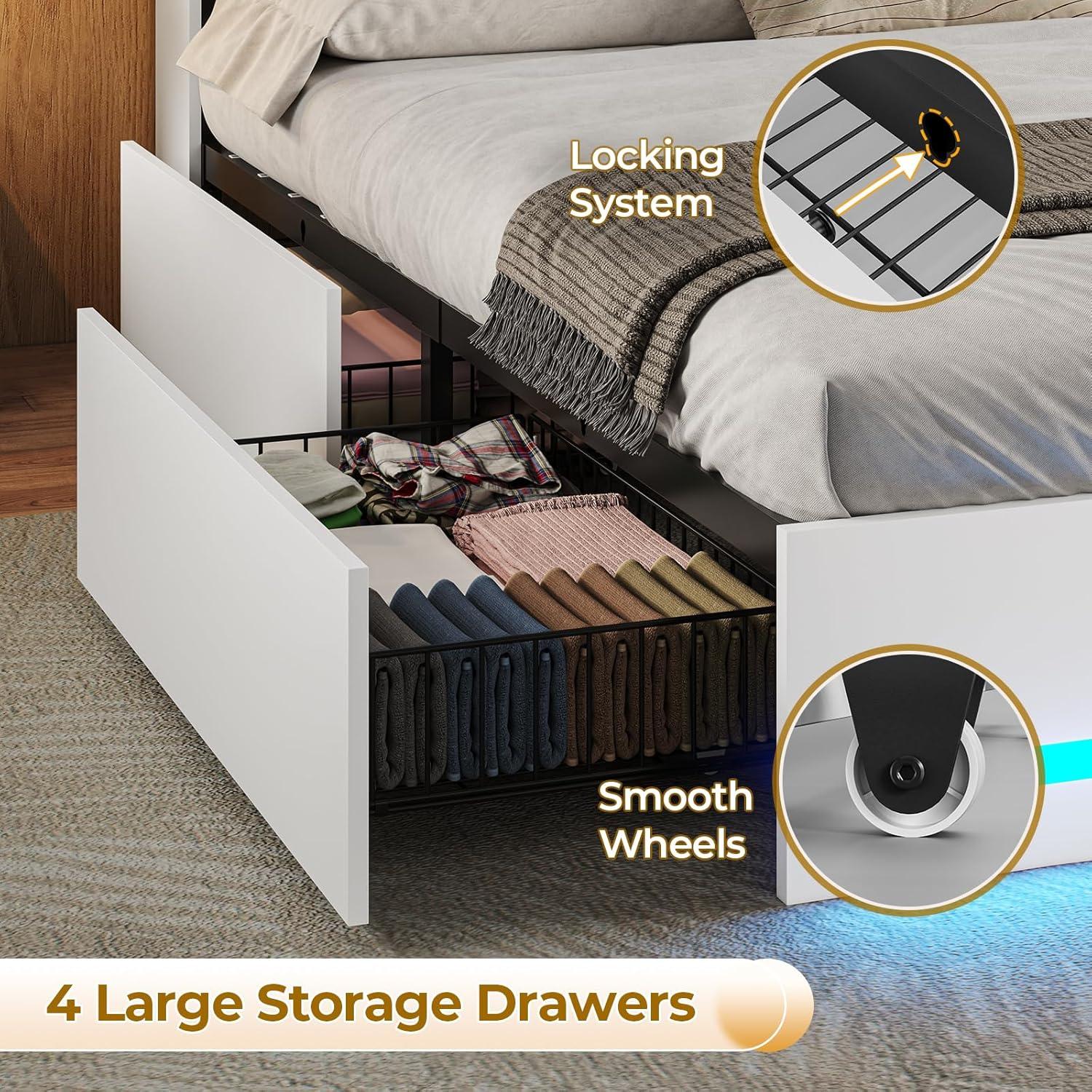 imageVIAGDO Queen Bed Frame with Bookcase Headboard Wooden Bed Frame Queen Size with Charging Station 4 Storage Drawers and LED Lights with TypeC and USB No Box Spring Needed WhiteWhite
