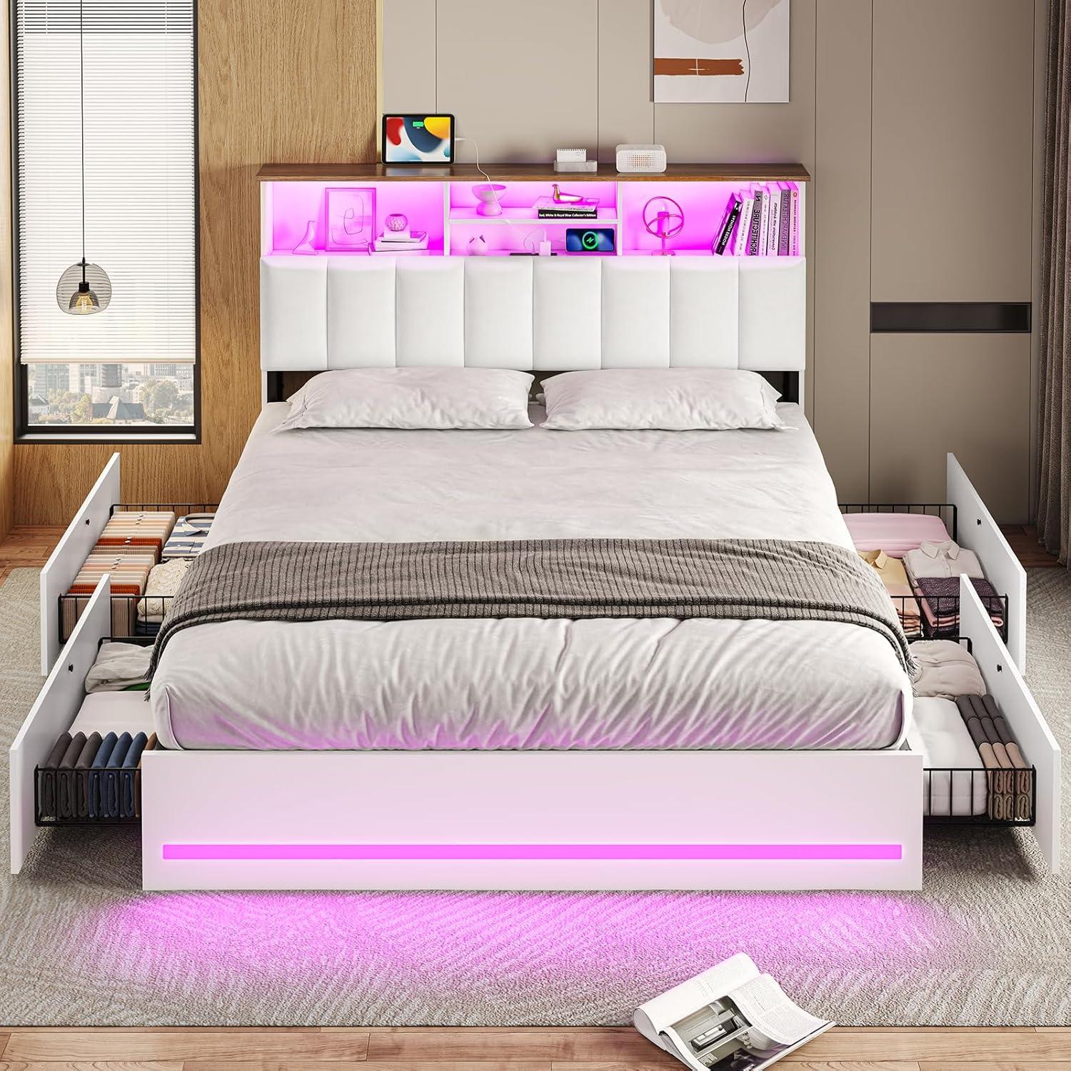 imageVIAGDO Queen Bed Frame with Bookcase Headboard Wooden Bed Frame Queen Size with Charging Station 4 Storage Drawers and LED Lights with TypeC and USB No Box Spring Needed WhiteWhite
