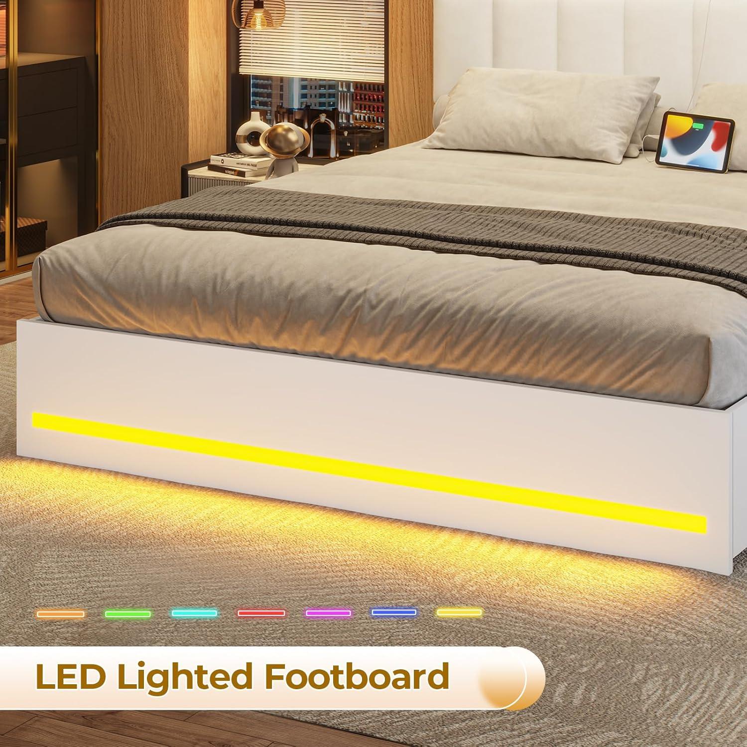 imageVIAGDO Queen Bed Frame with Bookcase Headboard Wooden Bed Frame Queen Size with Charging Station 4 Storage Drawers and LED Lights with TypeC and USB No Box Spring Needed WhiteWhite