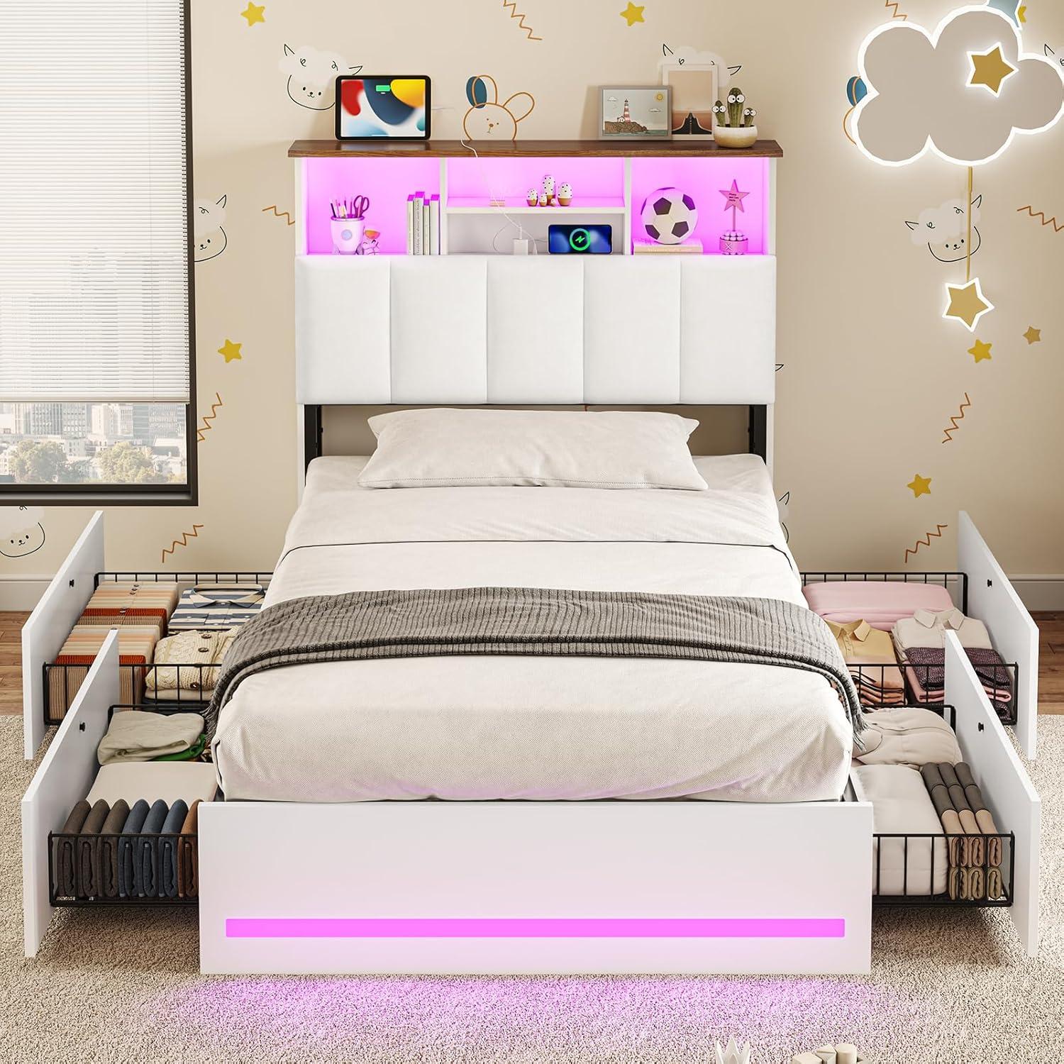 imageVIAGDO Queen Bed Frame with Bookcase Headboard Wooden Bed Frame Queen Size with Charging Station 4 Storage Drawers and LED Lights with TypeC and USB No Box Spring Needed WhiteWhite