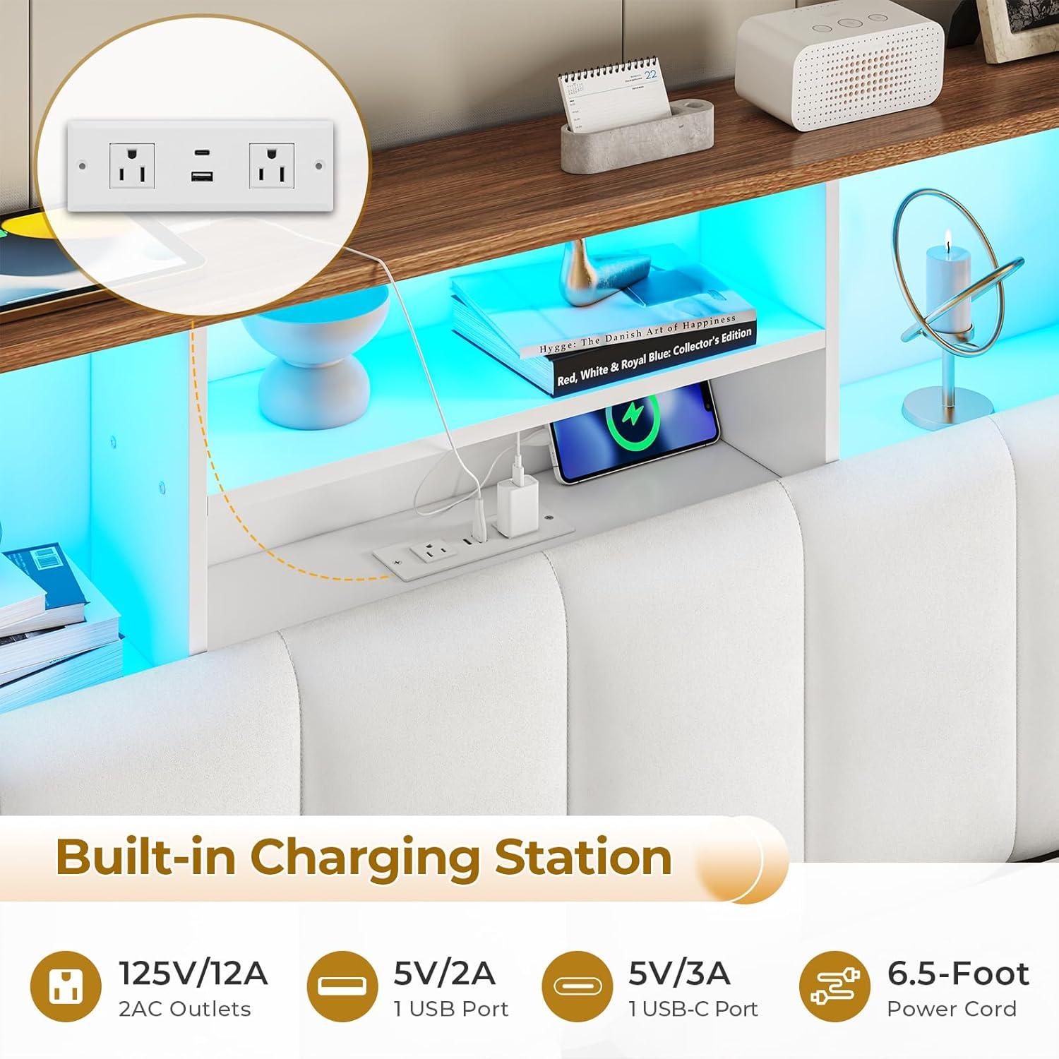 imageVIAGDO Queen Bed Frame with Bookcase Headboard Wooden Bed Frame Queen Size with Charging Station 4 Storage Drawers and LED Lights with TypeC and USB No Box Spring Needed WhiteWhite
