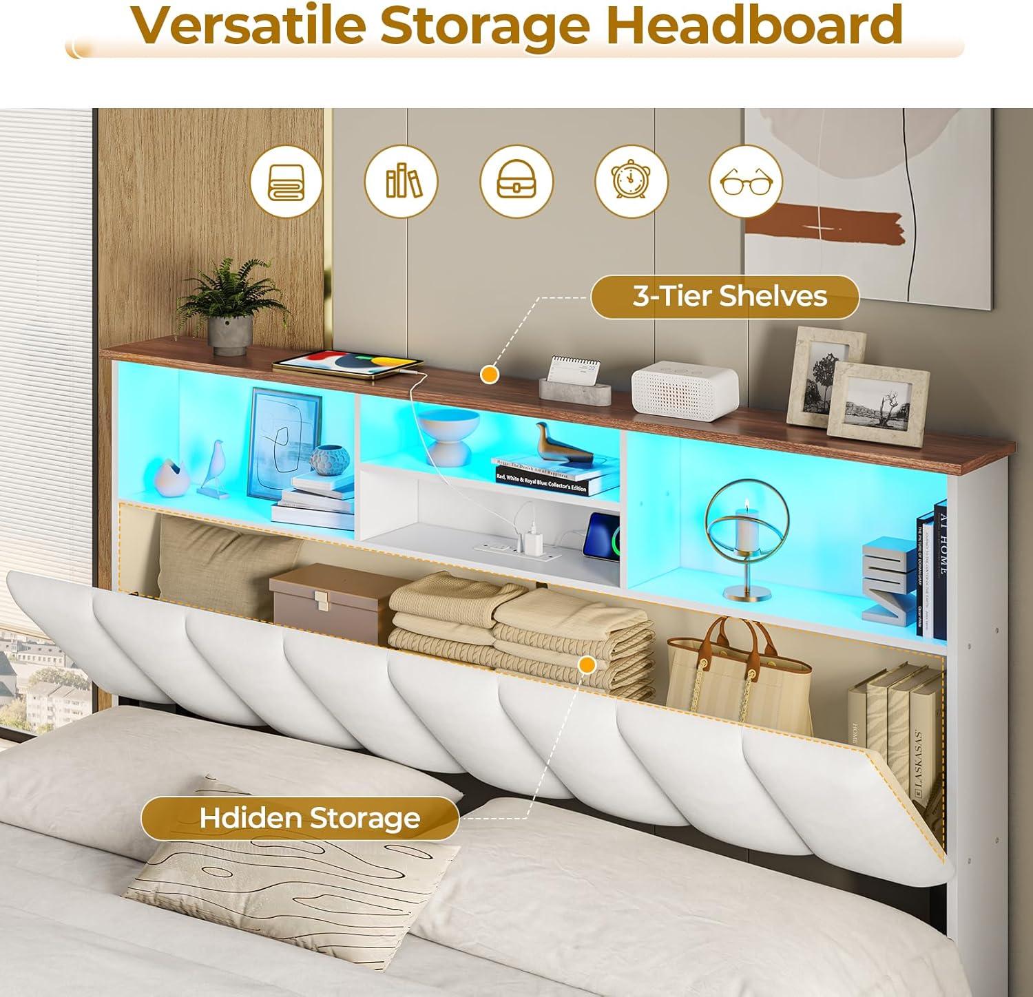 imageVIAGDO Queen Bed Frame with Bookcase Headboard Wooden Bed Frame Queen Size with Charging Station 4 Storage Drawers and LED Lights with TypeC and USB No Box Spring Needed WhiteWhite