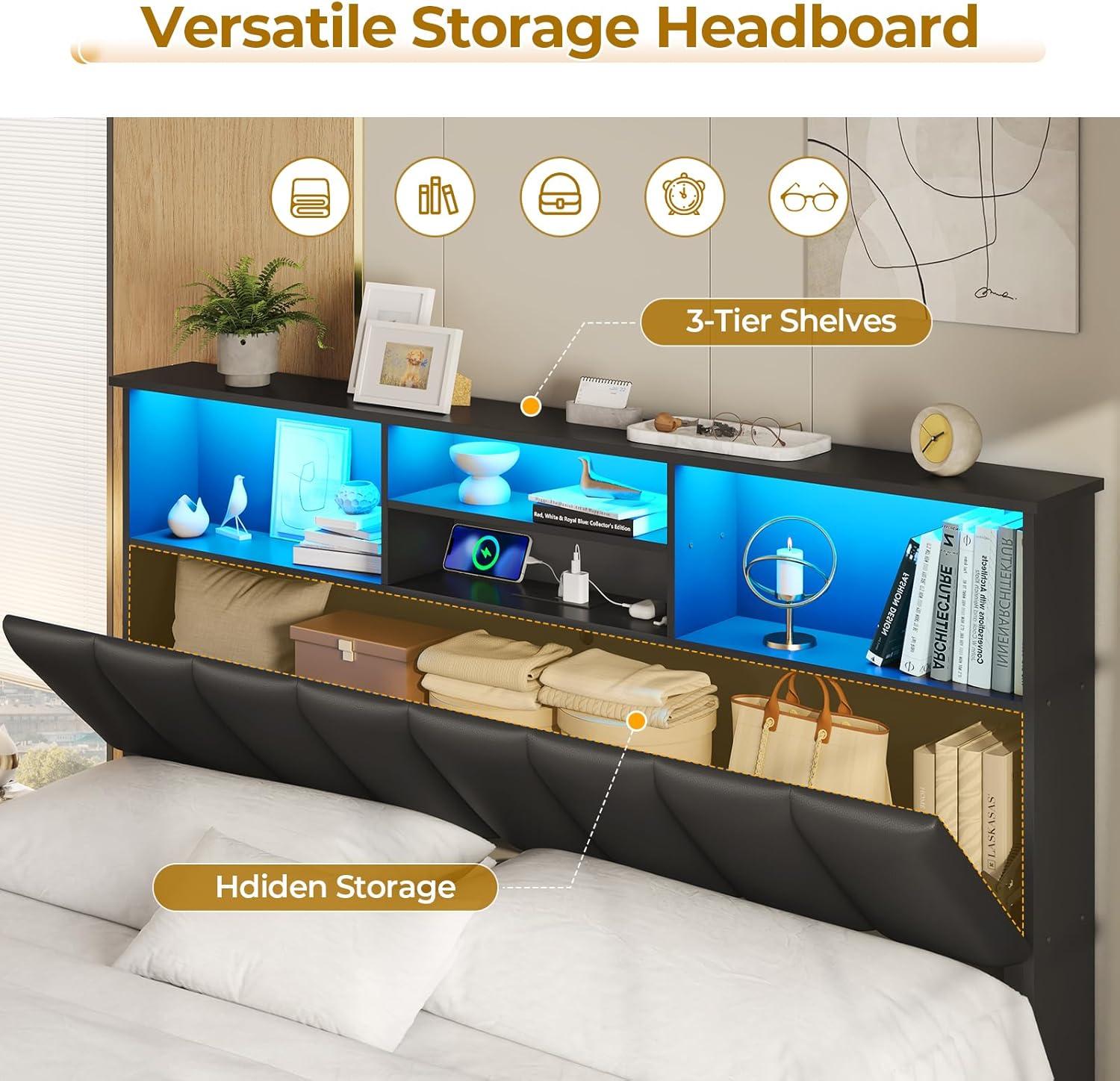 imageVIAGDO Queen Bed Frame with Bookcase Headboard Wooden Bed Frame Queen Size with Charging Station 4 Storage Drawers and LED Lights with TypeC and USB No Box Spring Needed WhiteBlack