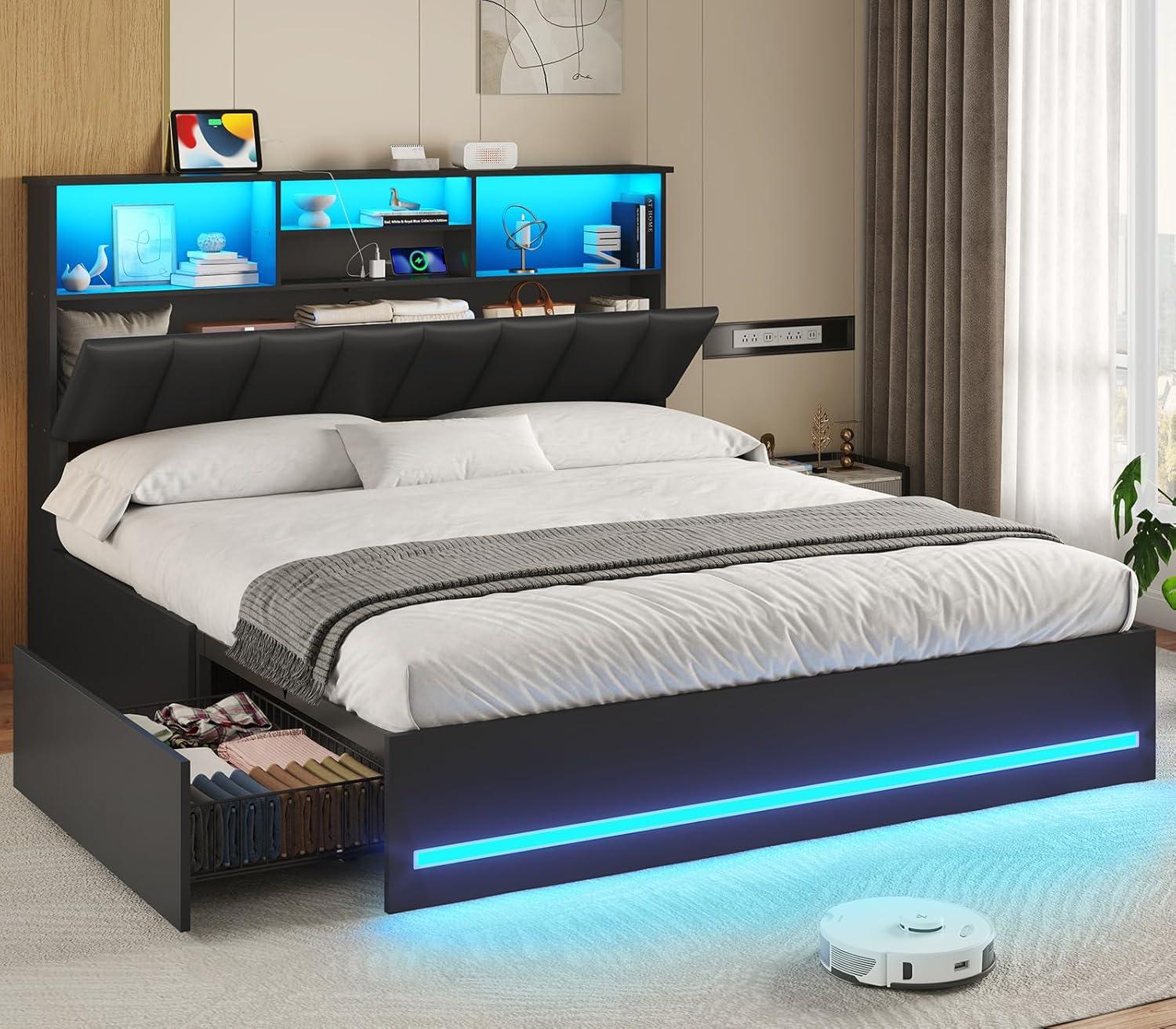 imageVIAGDO Queen Bed Frame with Bookcase Headboard Wooden Bed Frame Queen Size with Charging Station 4 Storage Drawers and LED Lights with TypeC and USB No Box Spring Needed WhiteBlack