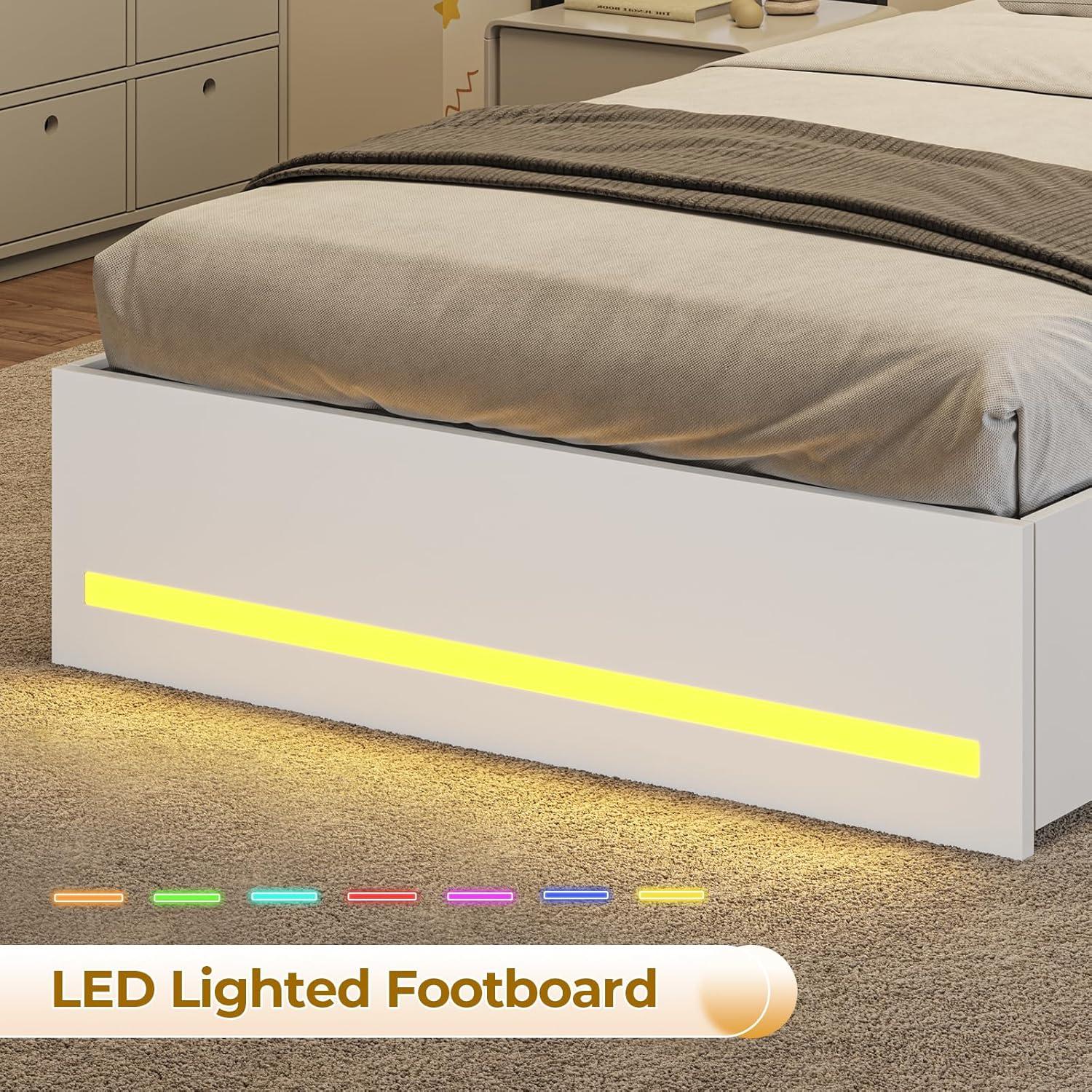 imageVIAGDO Queen Bed Frame with Bookcase Headboard Wooden Bed Frame Queen Size with Charging Station 4 Storage Drawers and LED Lights with TypeC and USB No Box Spring Needed WhiteWhite