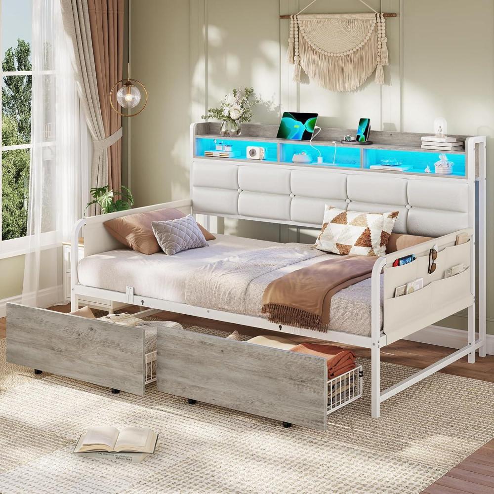 imageVIAGDO Daybed with 2 Drawers Twin Day Bed with Upholstered Headboard and Charging Station Metal Day Bed Frame with Storage and LED Lights Twin Daybed for Living Room Bedroom Guest Room WhiteWhite