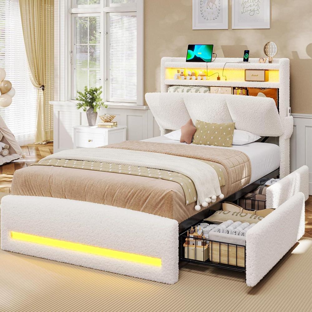 imageVIAGDO Full Size Bed Frame with Storage Headboard and Charging Station Leather Upholstered Bed Frame Full Size with 4 Drawers and LED Lights Type C and USB No Box Spring Needed BlackCream