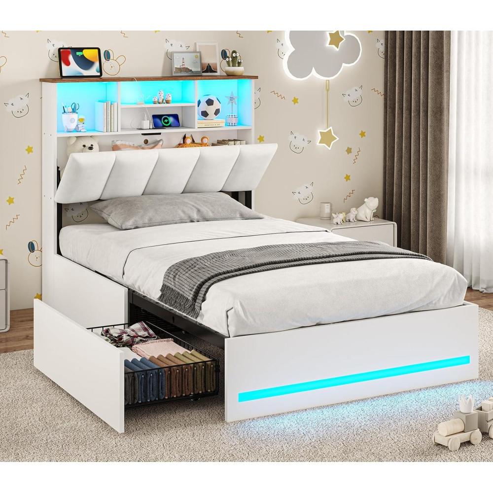 imageVIAGDO Queen Bed Frame with Bookcase Headboard Wooden Bed Frame Queen Size with Charging Station 4 Storage Drawers and LED Lights with TypeC and USB No Box Spring Needed WhiteWhite
