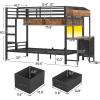 imageVIAGDO Bunk Bed Twin Over Twin with Charging Station and LED Lights Heavy Duty Metal Bunk Bed with Desk and 3 Storage Drawers Utility Storage Shelf and Boxes No Box Spring Needed BlackBlack