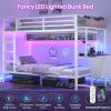 imageVIAGDO Bunk Bed Twin Over Twin with Charging Station and LED Lights Heavy Duty Metal Bunk Bed with Desk and 3 Storage Drawers Utility Storage Shelf and Boxes No Box Spring Needed BlackWhite