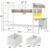 imageVIAGDO Bunk Bed Twin Over Twin with Charging Station and LED Lights Heavy Duty Metal Bunk Bed with Desk and 3 Storage Drawers Utility Storage Shelf and Boxes No Box Spring Needed BlackWhite