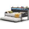 imageVIAGDO Daybed with 2 Drawers Twin Day Bed with Upholstered Headboard and Charging Station Metal Day Bed Frame with Storage and LED Lights Twin Daybed for Living Room Bedroom Guest Room WhiteBlack