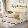 imageVIAGDO Daybed with 2 Drawers Twin Day Bed with Upholstered Headboard and Charging Station Metal Day Bed Frame with Storage and LED Lights Twin Daybed for Living Room Bedroom Guest Room WhiteWhite