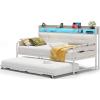 imageVIAGDO Daybed with 2 Drawers Twin Day Bed with Upholstered Headboard and Charging Station Metal Day Bed Frame with Storage and LED Lights Twin Daybed for Living Room Bedroom Guest Room WhiteWhite