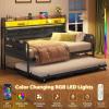 imageVIAGDO Daybed with 2 Drawers Twin Day Bed with Upholstered Headboard and Charging Station Metal Day Bed Frame with Storage and LED Lights Twin Daybed for Living Room Bedroom Guest Room WhiteBlack