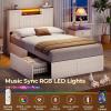 imageVIAGDO Farmhouse Full Size Bed Frame with Headboard and Double Barn Door Storage Cabinets Rustic Wooden Bed Frame Full with Charging Station 4 Drawers and LED Lights No Box Spring Needed BrownWhite