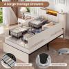 imageVIAGDO Farmhouse Full Size Bed Frame with Headboard and Double Barn Door Storage Cabinets Rustic Wooden Bed Frame Full with Charging Station 4 Drawers and LED Lights No Box Spring Needed BrownWhite