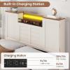 imageVIAGDO Farmhouse Full Size Bed Frame with Headboard and Double Barn Door Storage Cabinets Rustic Wooden Bed Frame Full with Charging Station 4 Drawers and LED Lights No Box Spring Needed BrownWhite