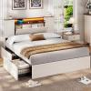 imageVIAGDO Farmhouse Full Size Bed Frame with Headboard and Double Barn Door Storage Cabinets Rustic Wooden Bed Frame Full with Charging Station 4 Drawers and LED Lights No Box Spring Needed BrownWhite