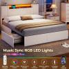 imageVIAGDO Farmhouse Full Size Bed Frame with Headboard and Double Barn Door Storage Cabinets Rustic Wooden Bed Frame Full with Charging Station 4 Drawers and LED Lights No Box Spring Needed BrownWhite