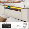 imageVIAGDO Farmhouse Full Size Bed Frame with Headboard and Double Barn Door Storage Cabinets Rustic Wooden Bed Frame Full with Charging Station 4 Drawers and LED Lights No Box Spring Needed BrownWhite