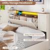 imageVIAGDO Farmhouse Full Size Bed Frame with Headboard and Double Barn Door Storage Cabinets Rustic Wooden Bed Frame Full with Charging Station 4 Drawers and LED Lights No Box Spring Needed BrownWhite