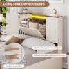imageVIAGDO Farmhouse Full Size Bed Frame with Headboard and Double Barn Door Storage Cabinets Rustic Wooden Bed Frame Full with Charging Station 4 Drawers and LED Lights No Box Spring Needed BrownWhite