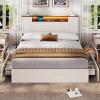 imageVIAGDO Farmhouse Full Size Bed Frame with Headboard and Double Barn Door Storage Cabinets Rustic Wooden Bed Frame Full with Charging Station 4 Drawers and LED Lights No Box Spring Needed BrownWhite
