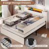 imageVIAGDO Farmhouse Full Size Bed Frame with Headboard and Double Barn Door Storage Cabinets Rustic Wooden Bed Frame Full with Charging Station 4 Drawers and LED Lights No Box Spring Needed BrownWhite