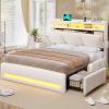 imageVIAGDO Full Size Bed Frame with Storage Headboard and Charging Station Leather Upholstered Bed Frame Full Size with 4 Drawers and LED Lights Type C and USB No Box Spring Needed BlackCream