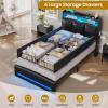 imageVIAGDO Full Size Bed Frame with Storage Headboard and Charging Station Leather Upholstered Bed Frame Full Size with 4 Drawers and LED Lights Type C and USB No Box Spring Needed BlackBlack