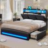 imageVIAGDO Full Size Bed Frame with Storage Headboard and Charging Station Leather Upholstered Bed Frame Full Size with 4 Drawers and LED Lights Type C and USB No Box Spring Needed BlackBlack