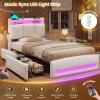 imageVIAGDO Full Size Bed Frame with Storage Headboard and Charging Station Leather Upholstered Bed Frame Full Size with 4 Drawers and LED Lights Type C and USB No Box Spring Needed BlackCream