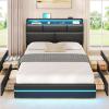 imageVIAGDO Full Size Bed Frame with Storage Headboard and LED Lights Leather Upholstered Full Size Platform Bed Frame with Charging Station and 4 Drawers LED Bed Frame Full No Box Spring Needed BlackQueen